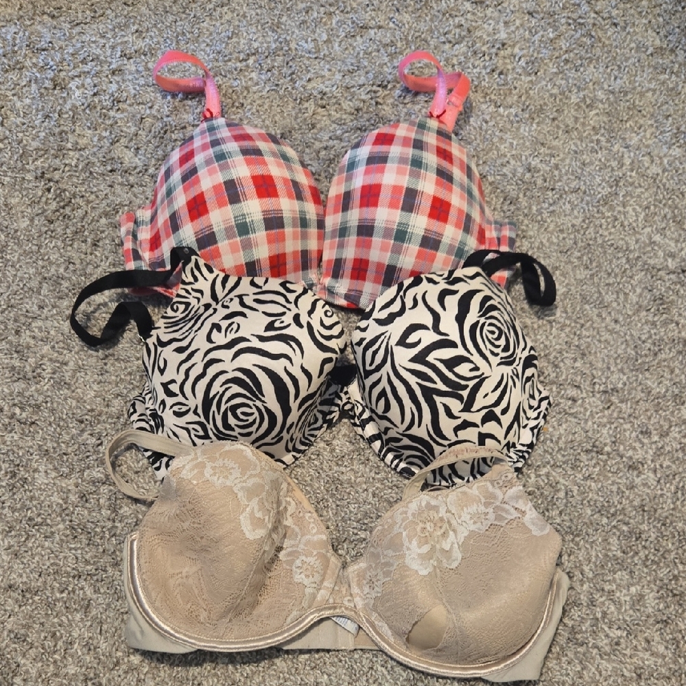 Victoria's Secret Plaid, Floral, and Lace Bra Trio